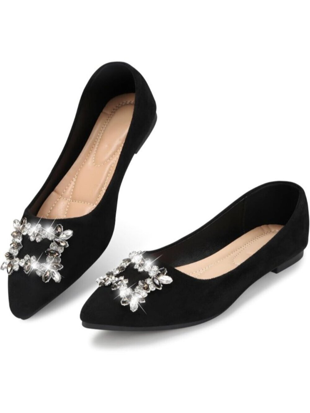 Women's All Black Pointed Toe Pearl Flats Faux Suede Comfort Dress for Shoes